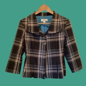 Isaac Mizrahi Womens Brown Plaid Fitted Blazer Jacket Sz 4